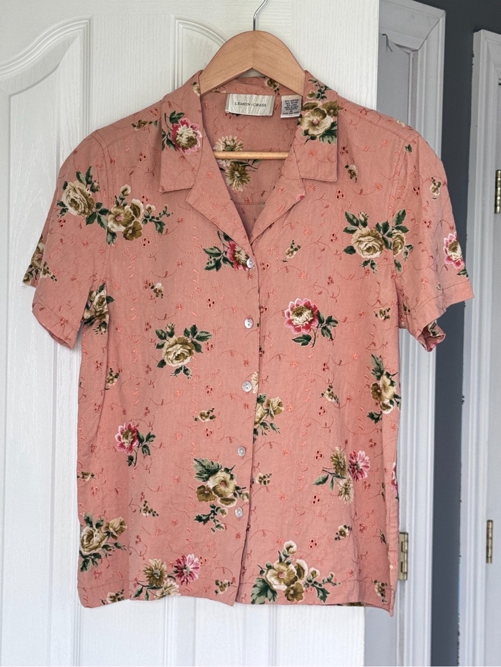 Lemon Grass Peach Floral Button Front Linen Blend Camp Shirt